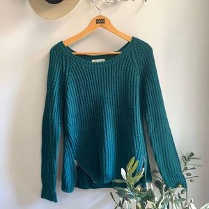 Teal Sweater with zipper detailing on each sides of the waist